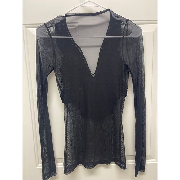 Whimsy goth grunge mesh long sleeve v-neck embroidered chest black XS - Picture 4 of 4